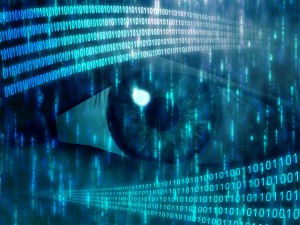 A human eye behind a screen of falling binary code