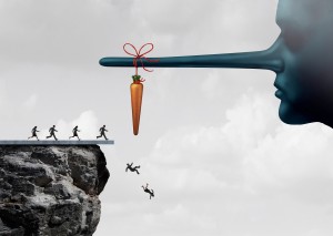 A figure with a long Pinocchio nose dangling a carrot, luring people off a cliff