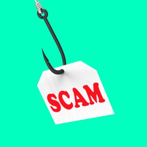 A fish hook baited with a label reading Scam